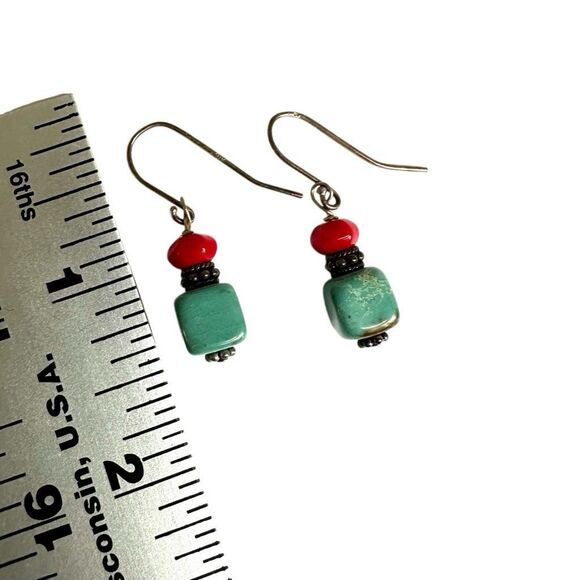 Sterling Silver Turquoise & Coral Dangle Earrings - Picture 8 of 8